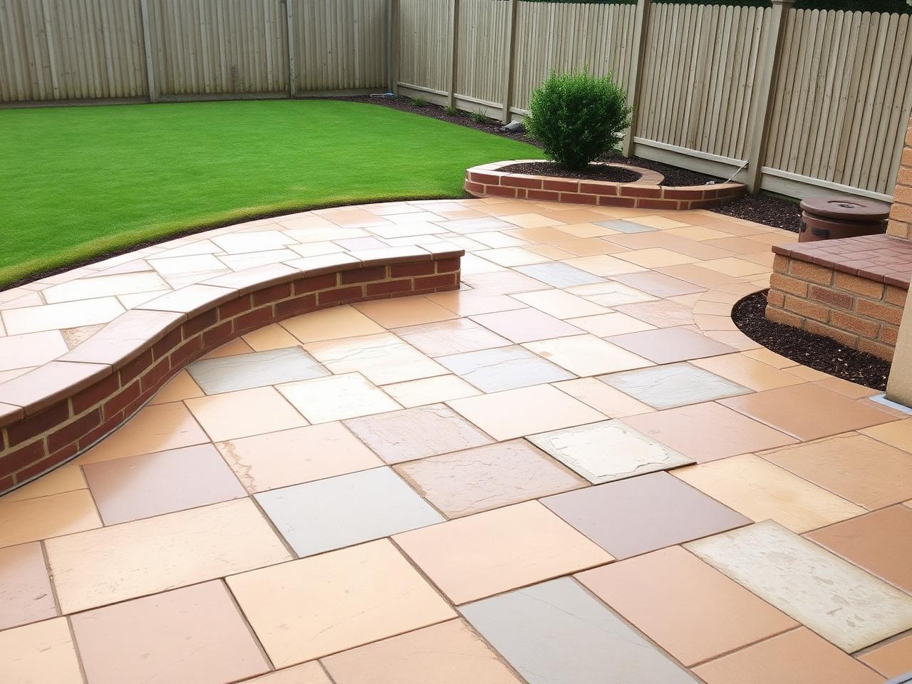 After: Mossy old slabs lifted, sandstone patio laid — Penkridge