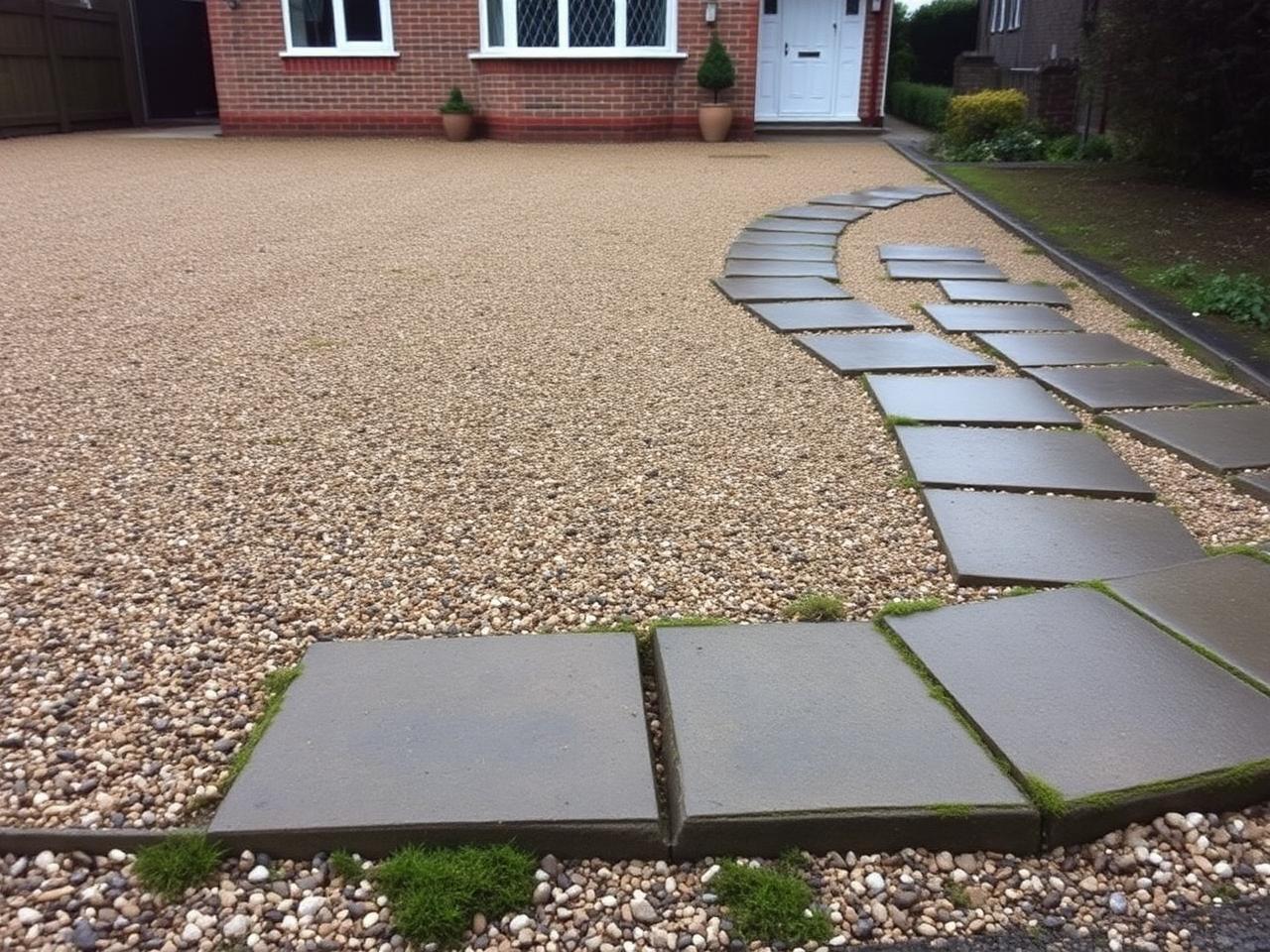 Before: Sunken gravel out, block paving down — Stone