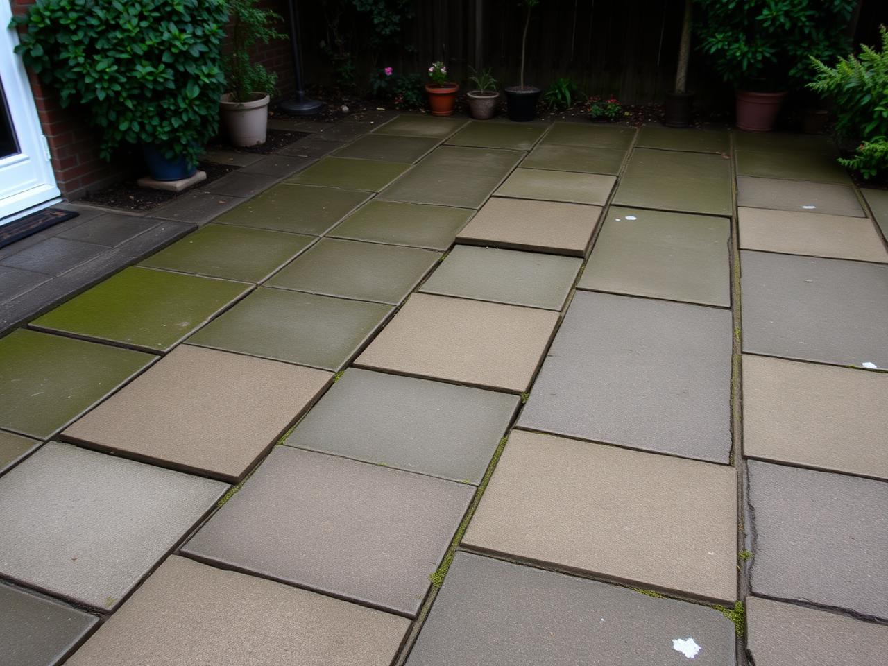 Before: Mossy old slabs lifted, sandstone patio laid — Penkridge